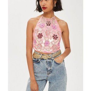 Topshop Pink Sequin Halter Tie Neck Crop Top